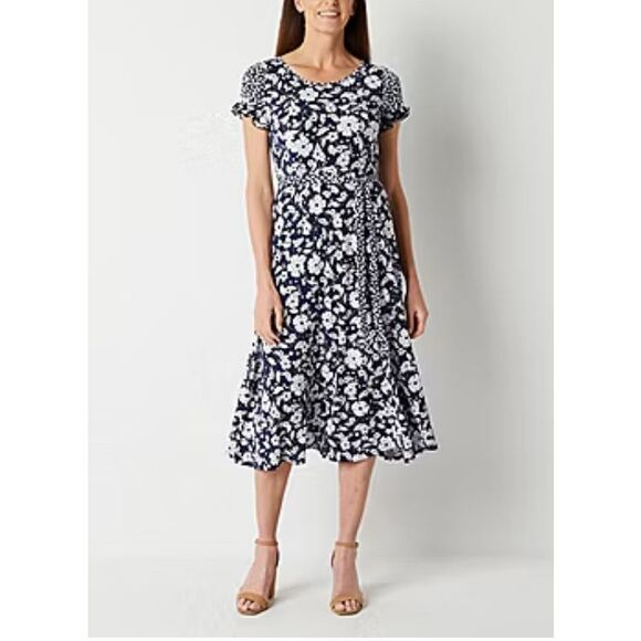 Perceptions Short Sleeve Floral Midi Fit + Flare Dress Size X-Large - Picture 1 of 9